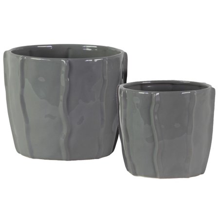 URBAN TRENDS COLLECTION Ceramic Low Pot with Embedded Wave Design Body Gloss  Gray Set of 2 37308